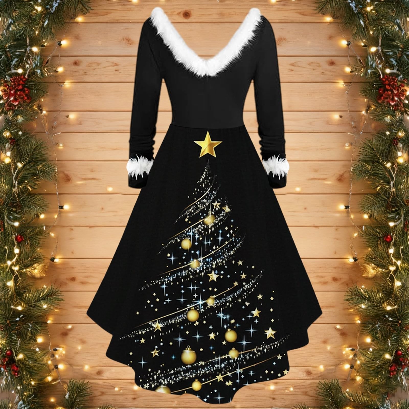 Elegante vestido de fiesta de manga larga con cuello para Navidad, para vacaciones, uso casual y comodidad fluida
