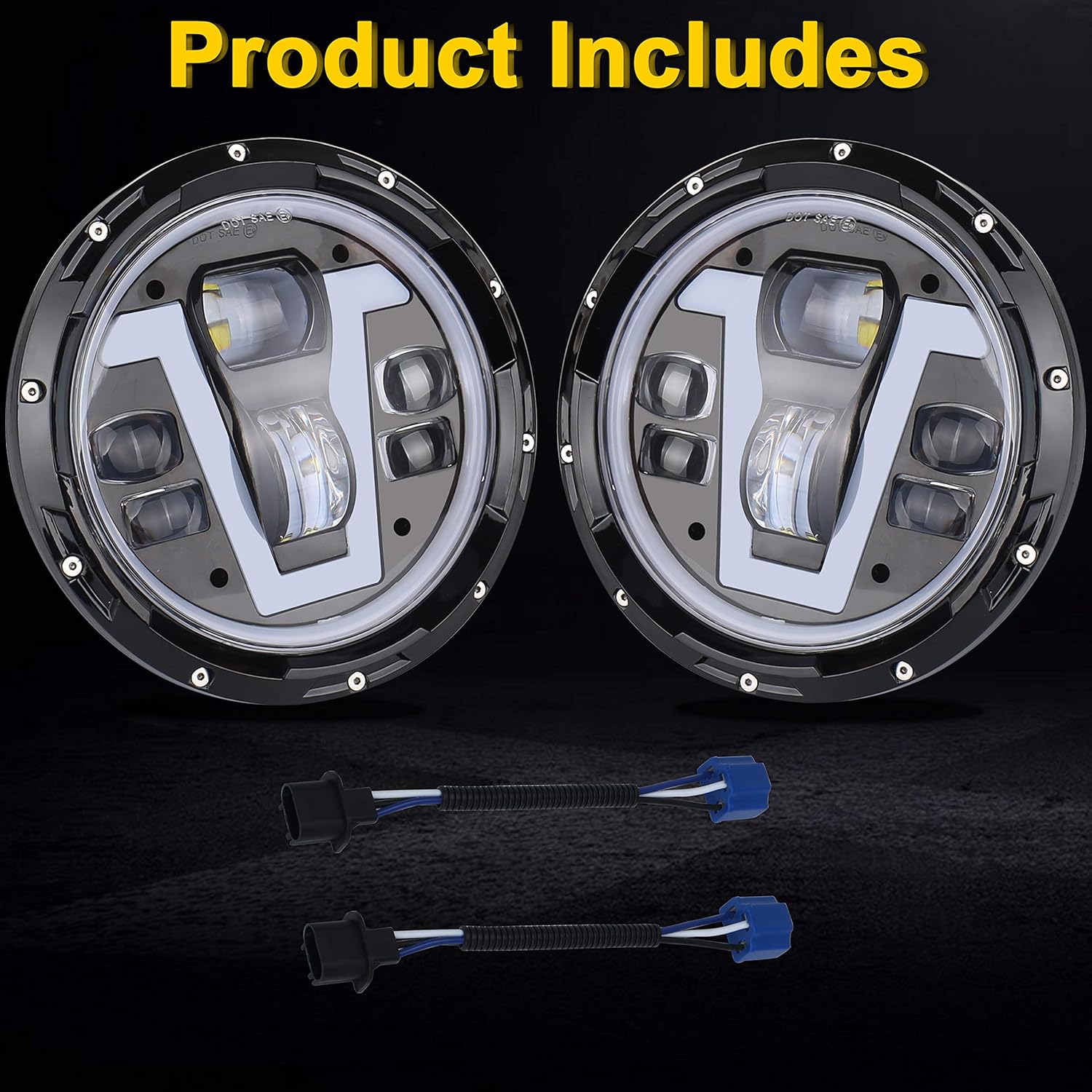 JK Headlights, OVOTOR 7 inch LED Headlights with V Type White DRL Amber Halo Turn Signal Compatible with Jeep Wrangler JK JKU TJ LJ CJ Hummer H1 H2