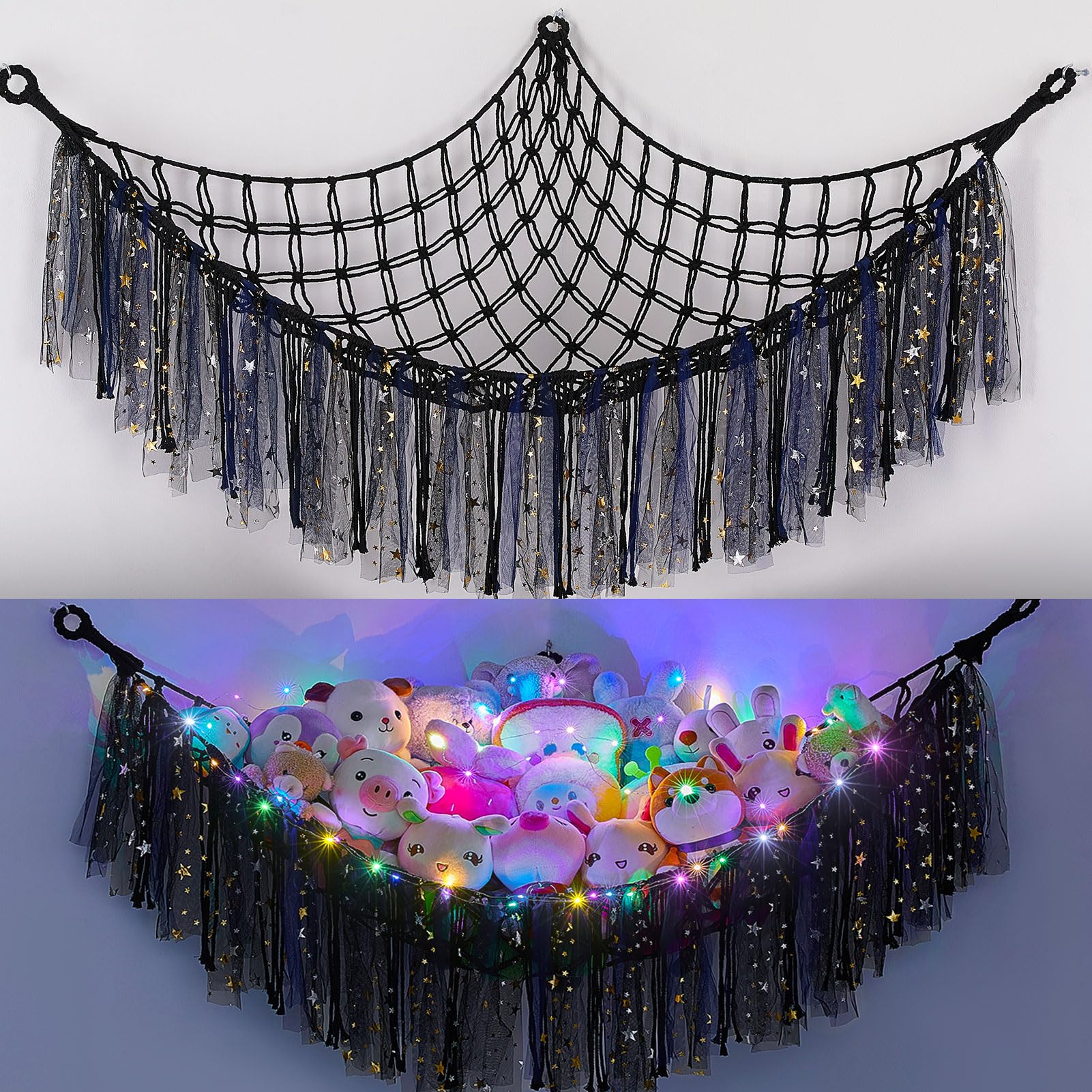 FIOBEE Stuffed Animals Net LED Light Toy Hammock for Kids Bedroom Storage