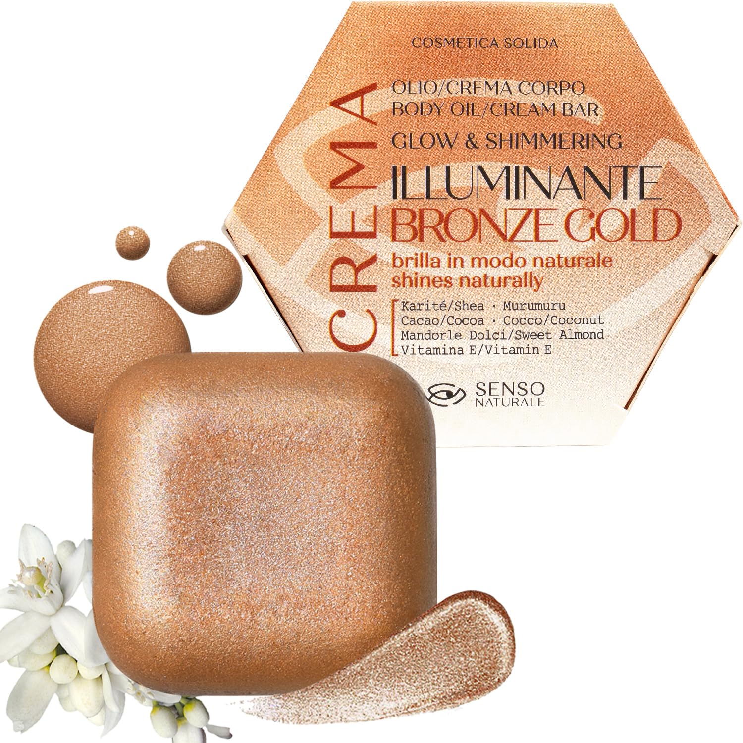 Aceite Corporal Iluminador Bronze Gold Crema Hidratante Corporal con Brillo Shimmer Bronceadora, Nutritivo y Perfumado Neroli, Vitamina E y Manteca de Karité, 100% Natural y Vegano