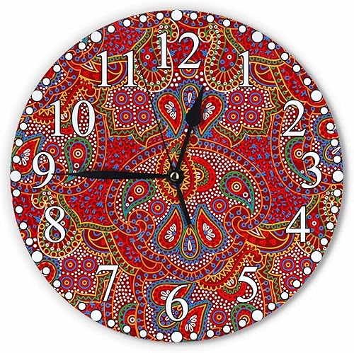 Reloj de pared bohemio con textura de cachemira de 10 pulgadas, funciona con pilas, reloj de color rojo brillante, silencioso, sin tictac, relojes