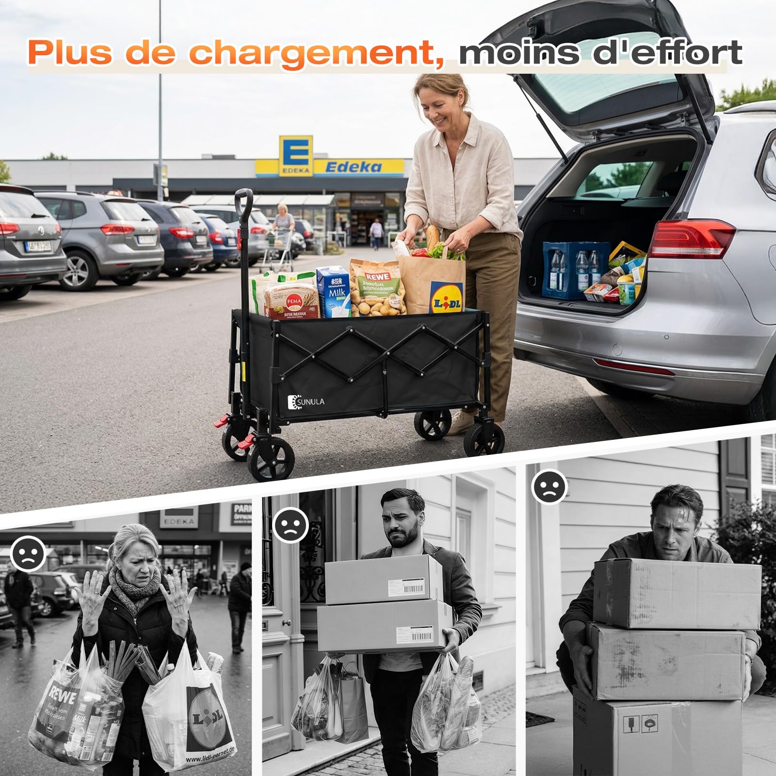 SUNULA Chariot Pliable Petit 80L 100KG Pliable avec Poids réduit, Chariot Tout-Terrain avec Freins, Noir