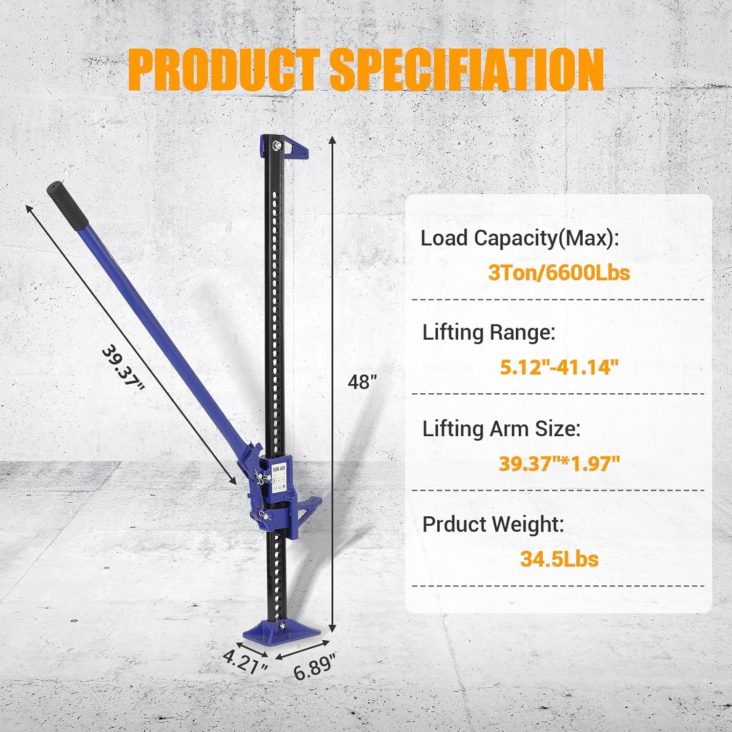 48 Inch Heavy Duty Farm Jack, 3 Ton (6000 Lbs) Capacity, 5.12-41.14 Inch High Lift Ratcheting Off Road Utility Jack, Wear Resistant & Portable for Trucks, UTVs, ATVs, Blue