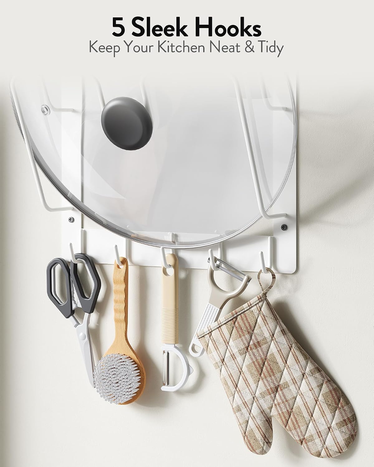 Orimade Pot Lid Organizer Rack Drill/Wall Mount, Heavy-Duty 5 Hooks Steel