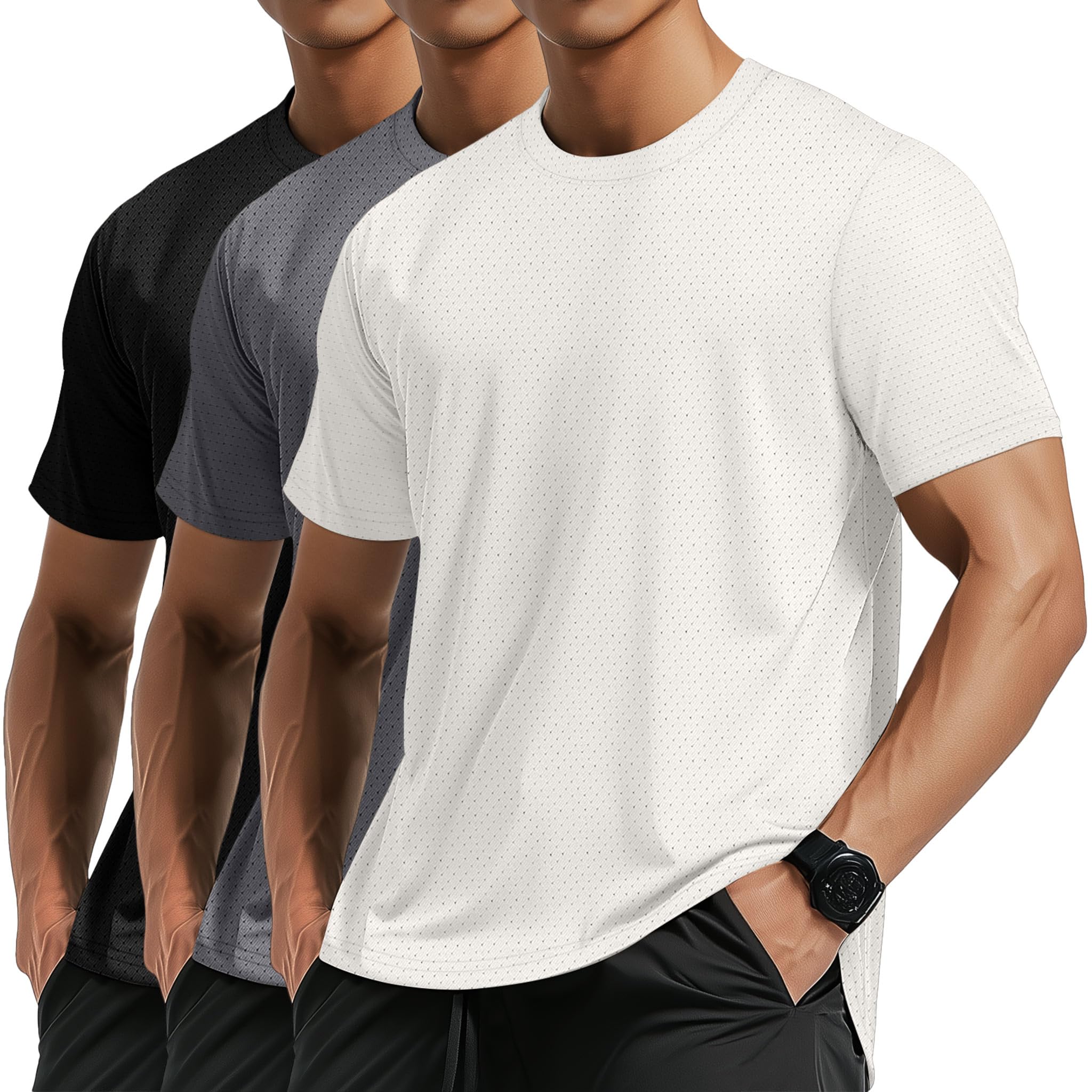 Ficerd 3 Pcs Men's Big and Tall Quick Drying Shirts Plus Size Workout Mesh Shirt Short Sleeve Crew Neck Top Sport Fishing Tee