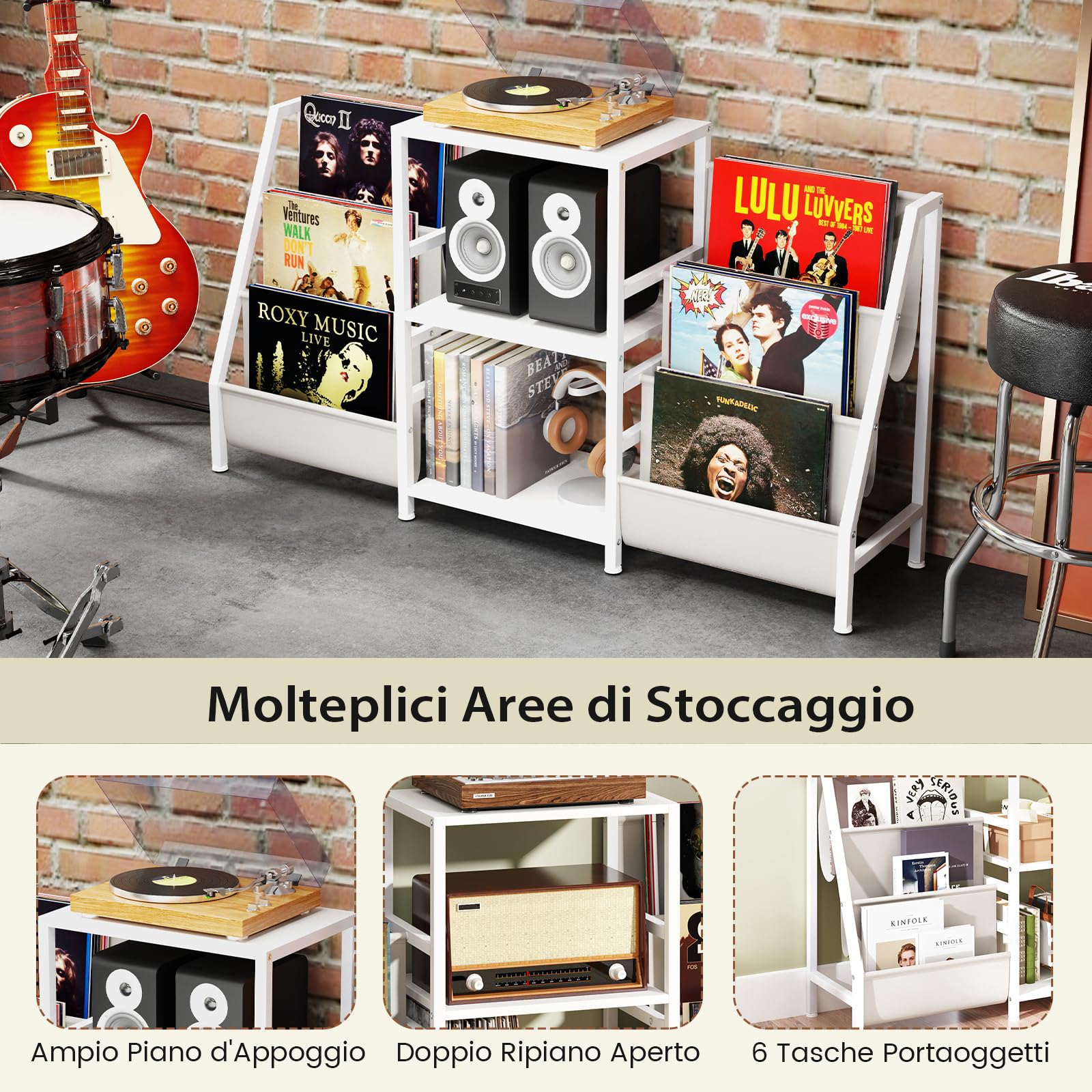 COSTWAY Supporto per Giradischi per Vinili, Porta Giradischi Vinili Fino a 200 Album con 3 Ripiani, 6 Tasche di Archiviazione e Struttura in Metallo, per Casa Studio e Caffè, 125x30x69 cm (Bianco)