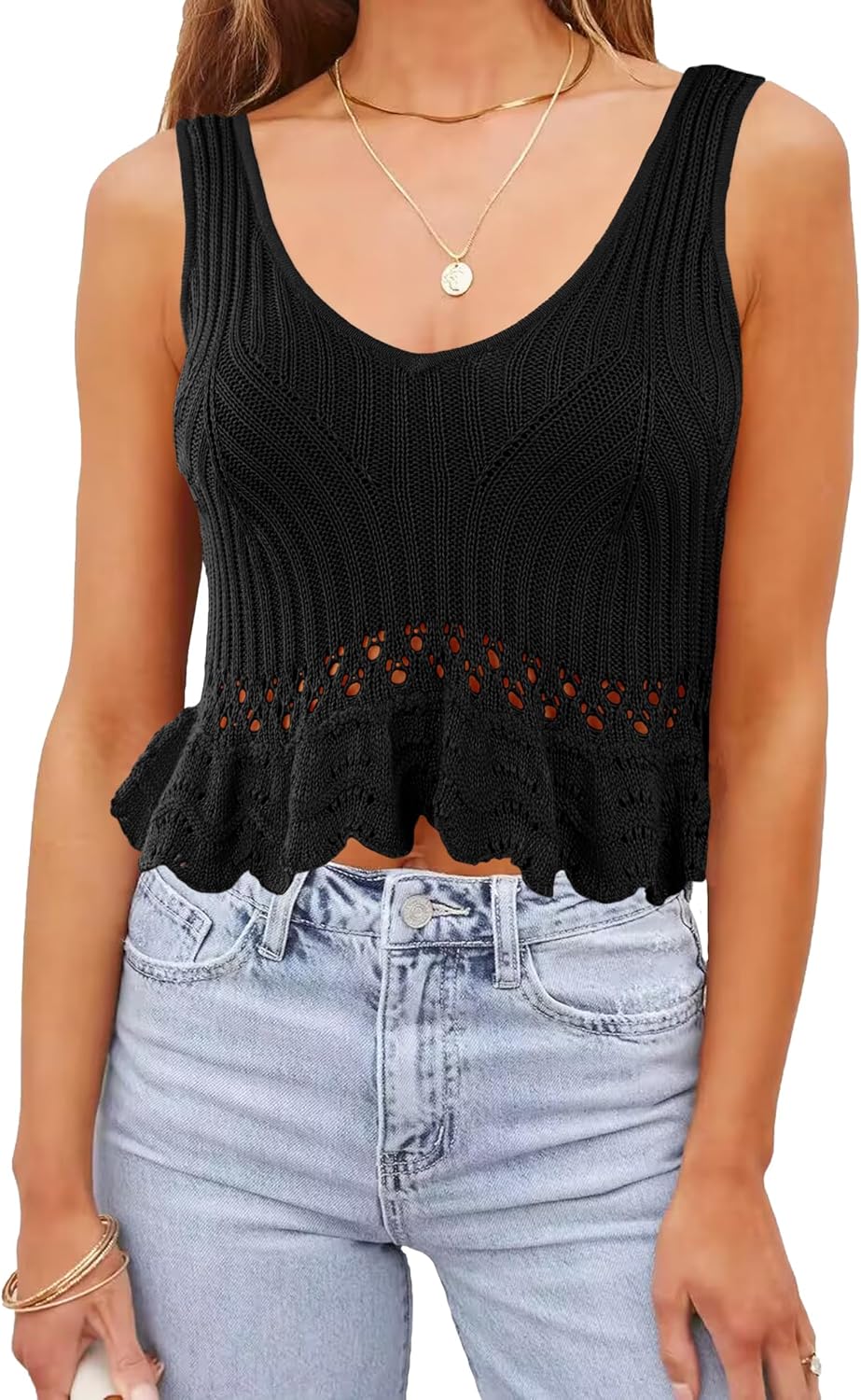 Womens Casual Sleeveless Ruffle Hem Knit Cropped Tank Tops Summer Crochet Trendy Peplum Babydoll Vests