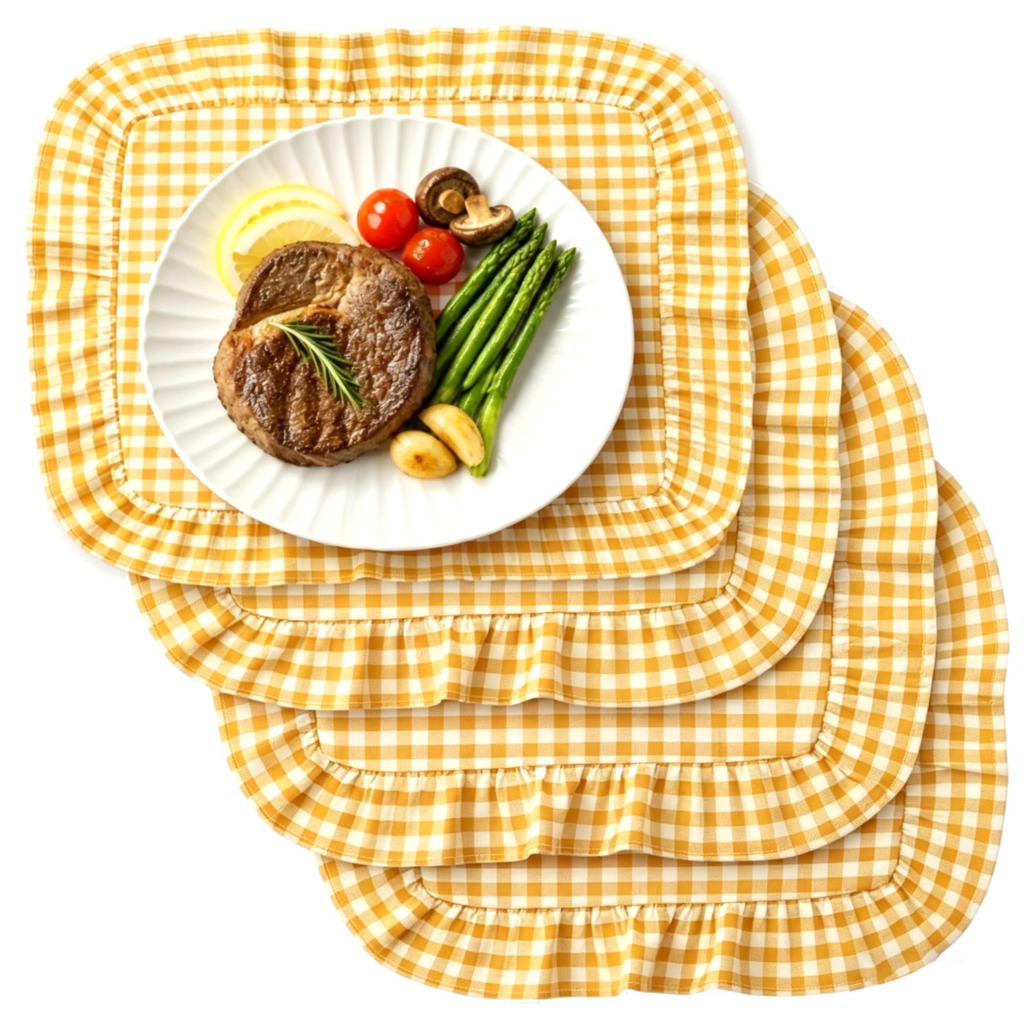 Cotton Placemats, 4pcs 35x45cm Ruffle Checkered Place Mats, Decorative Reusable Placemat for Wedding Bridal Banquet Tea Party Supplies (Yellow)