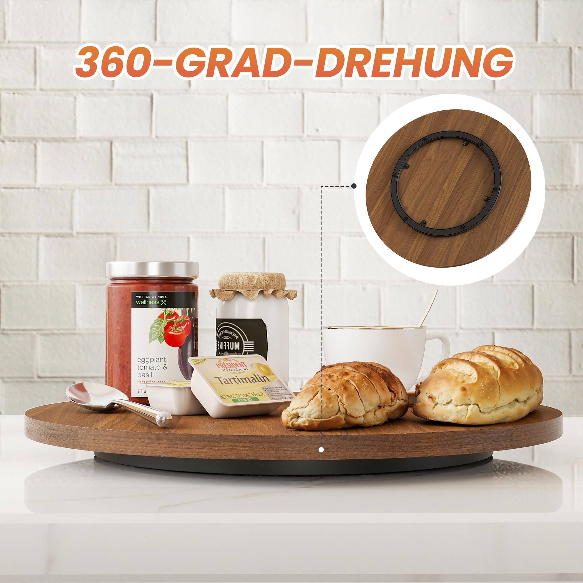 60 cm große Lazy Susan aus Nussbaumholz – Massivholz-Drehtablett für Käse-, Dessert-, Kuchen-, Snack- und Obstplatten – Drehservice für Esstisch, Küchenarbeitsfläche und Partybuffet