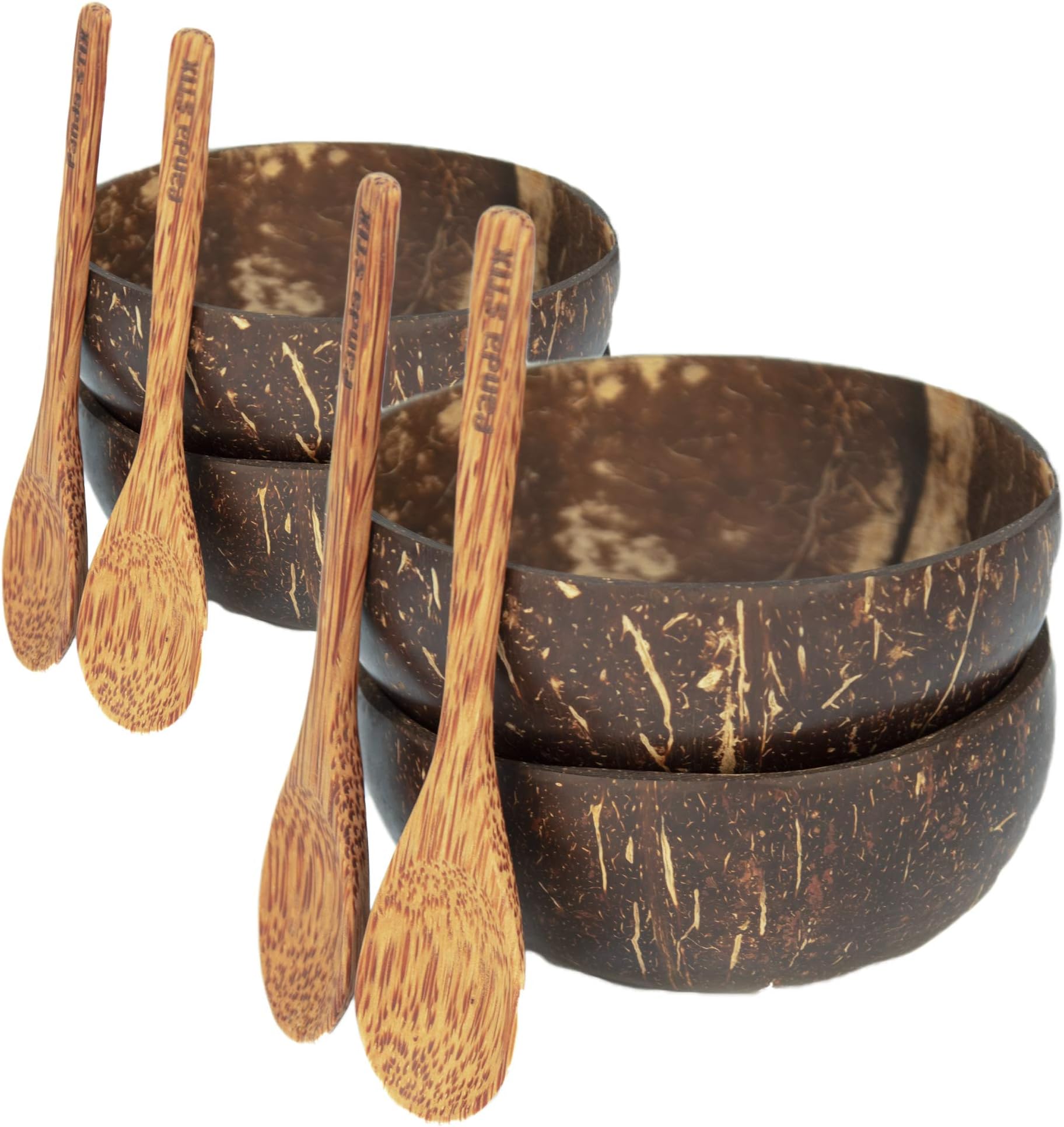 Coconut Bowl and Spoon - Set of 4 | Made from 100% Natural Real Coconuts | Naturally Polished with 100% Organic Coconut Oil | Durable & Lightweight | Vegan Friendly | Smoothie Bowls | by Panda STIX