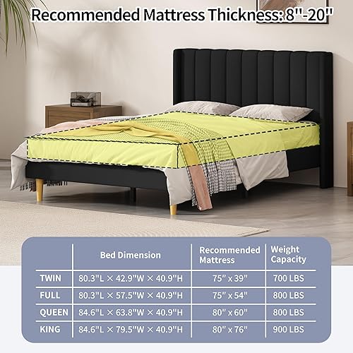 Miniatura 9 de Base de cama tapizada de tamaño matrimonial con respaldo moderno y cabecera de panel vertical, tela de lino, patas y listones de madera, no necesita