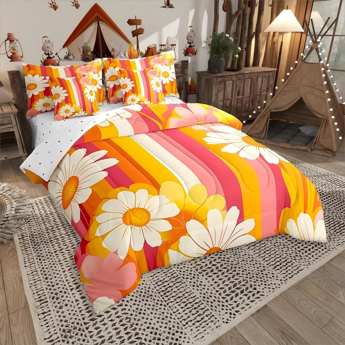 White Daisy Floral Bedding Set 7 Pieces For Kids Girls Pink Flower Comforter Set Twin,Rainbow Geometric Stripes Bedding Comforter Sets Orange Yellow Ombre Bed in a Bag Botanical Theme Bed Sheets Set
