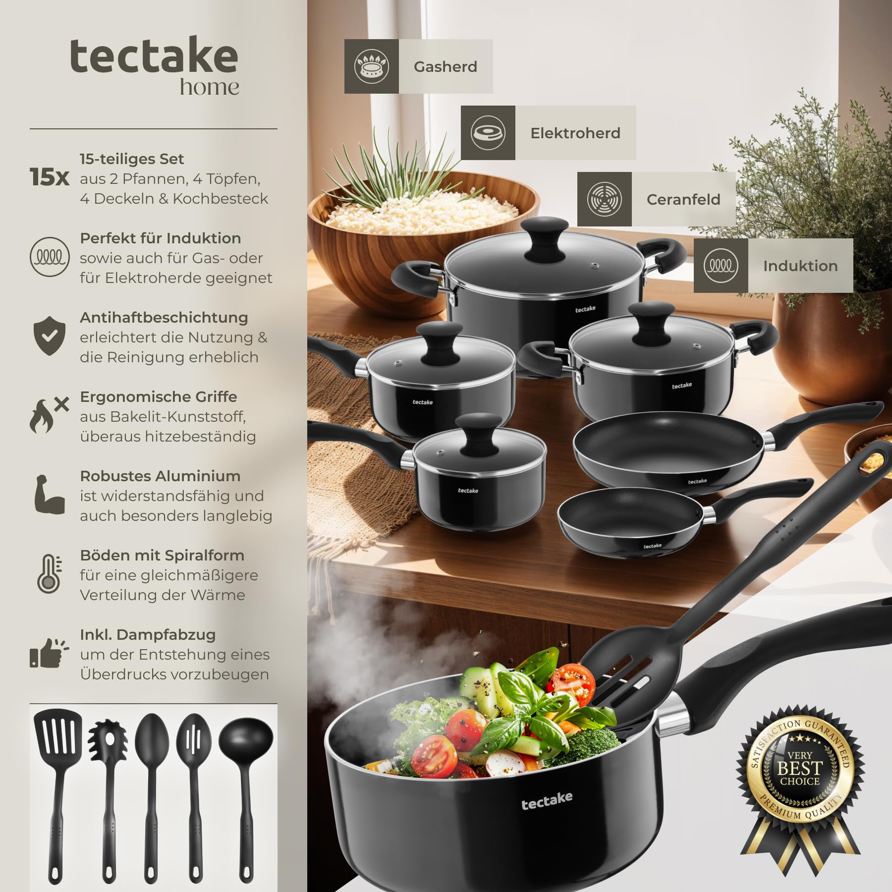 tectake® 15tlg Set mit 5x Küchenhelfer, 2x Pfanne, 4x Topf, jeweils mit Deckel, Kochtopf Set Antihaft Beschichtung, Töpfe + Pfannen aus Aluminium, Zubehör für Haushalt, Camping und Küche