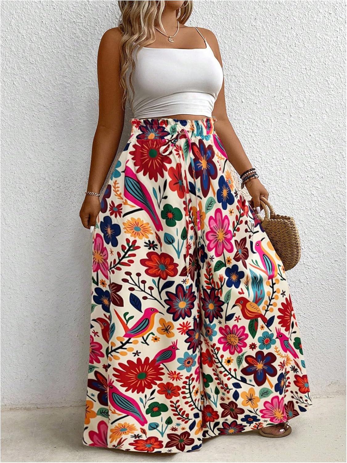 Women's Plus Size Palazzo Pants Boho Floral Baggy Pant Flowy Elastic High Waist Wide Leg Vacation Long Trousers - Image 3