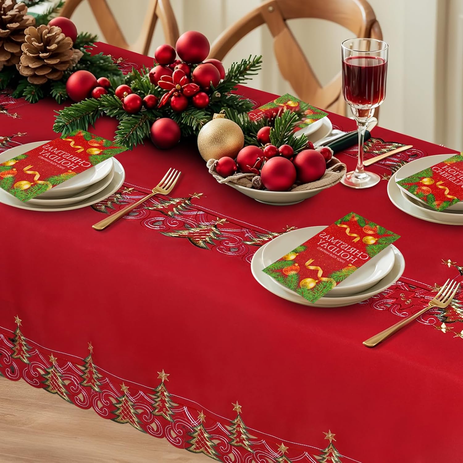 Red Christmas Tablecloth - Rectangular (Oblong) 60 x 102 Inch, Elegant Embroidered Gold Tree Cutwork Lace, Scalloped Edge, Washable Polyester Holiday Dining Table Cover, Xmas Table Cloth