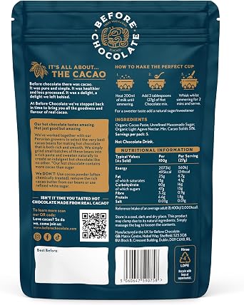 Before Chocolate - Original Hot Chocolate 135g, Made From Whole Cacao Bean - Dairy, Gluten, Nut & SOYA Free