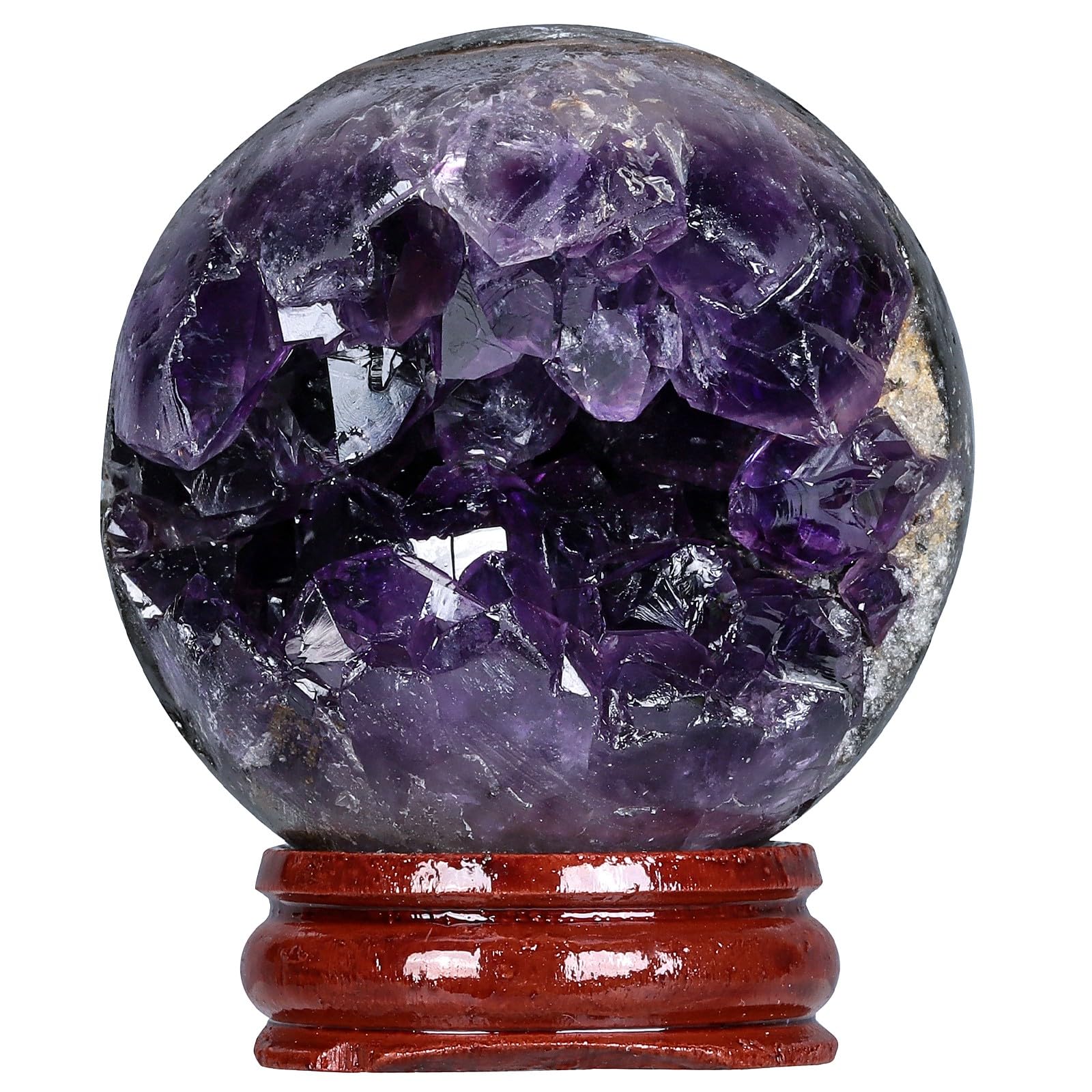 TUMBEELLUWA Amethyst Druzy Geode Gemstone Ball with Wood Stand Healing Natural Crystal Sphere Ball for Divination Home Office Decor, 2-2.36 Inches