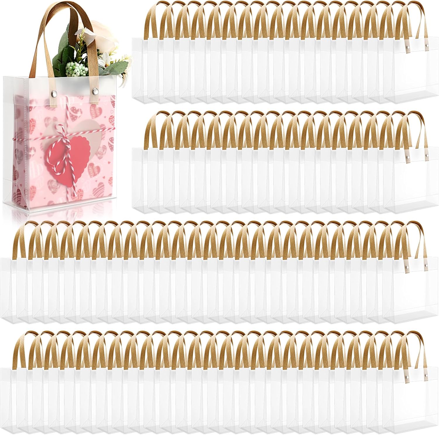Qilery 50 Pcs Clear Frosted Gift Bags with Handles, 5.9 x 5.1 x 2.36 Inches Small Plastic Goodie Bags Reusable Transparent Party Favor Bag for Wedding Birthday Baby Shower Boutique DIY