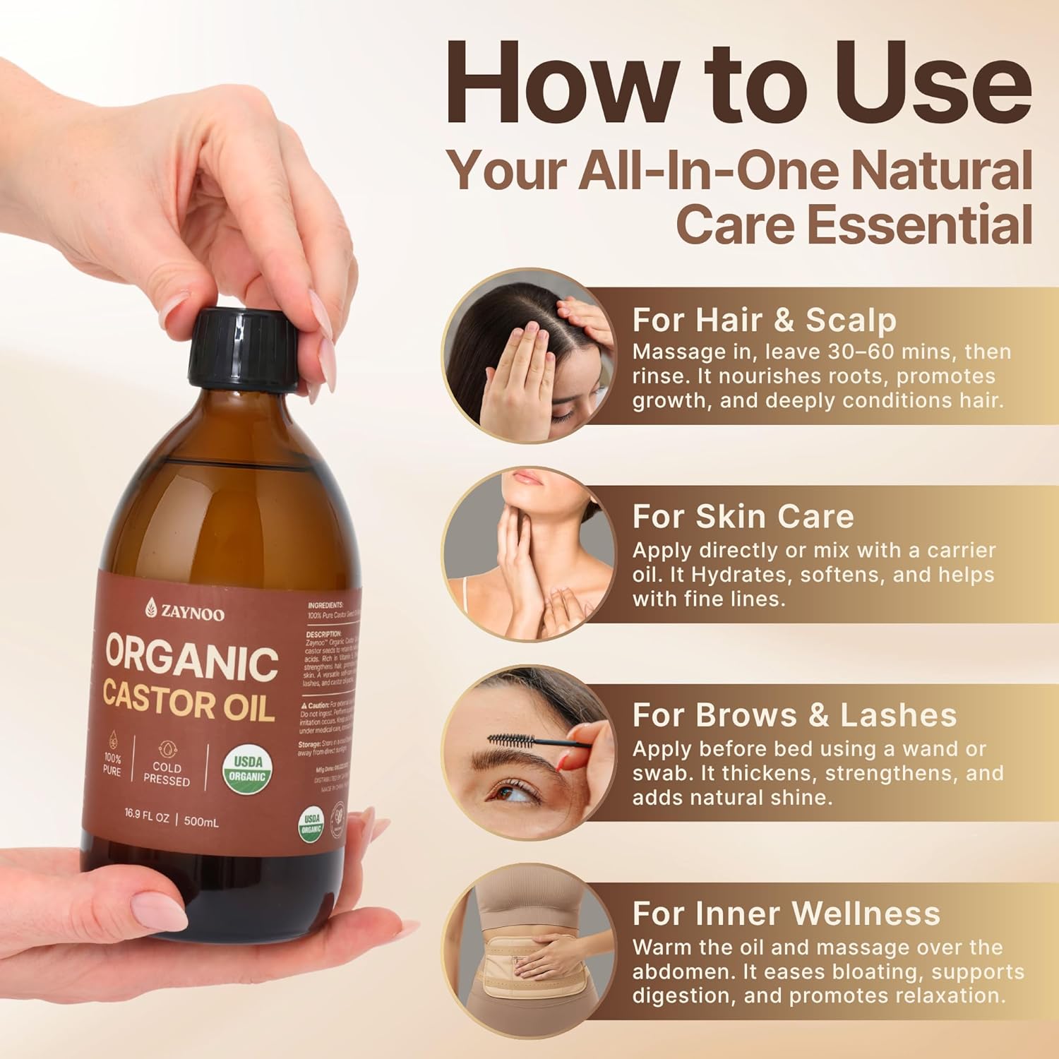 USDA Organic Castor Oil 16.9 fl oz/500 ml Cold Pressed, Hexane Free, Vegan, 100% Pure for Hair Growth, Face, Skin, Lashes, Brows, Body Massage, Aceite de Ricino in Glass Bottle with BPA-Free Pump