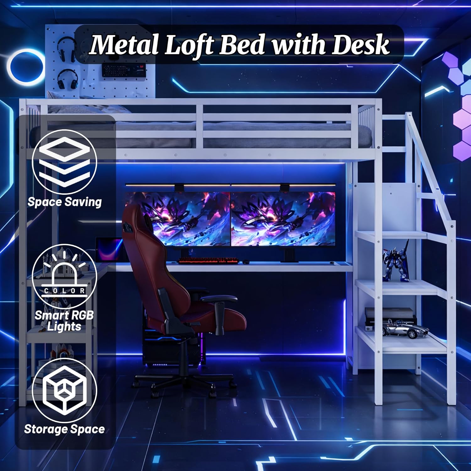 Queen Loft Bed with Desk and Stairs, Metal Queen Loft Bed with Wardrobe and LED Light, Built-in Charging Station, Queen Size Loft Bed for Adults Kids Teens, White