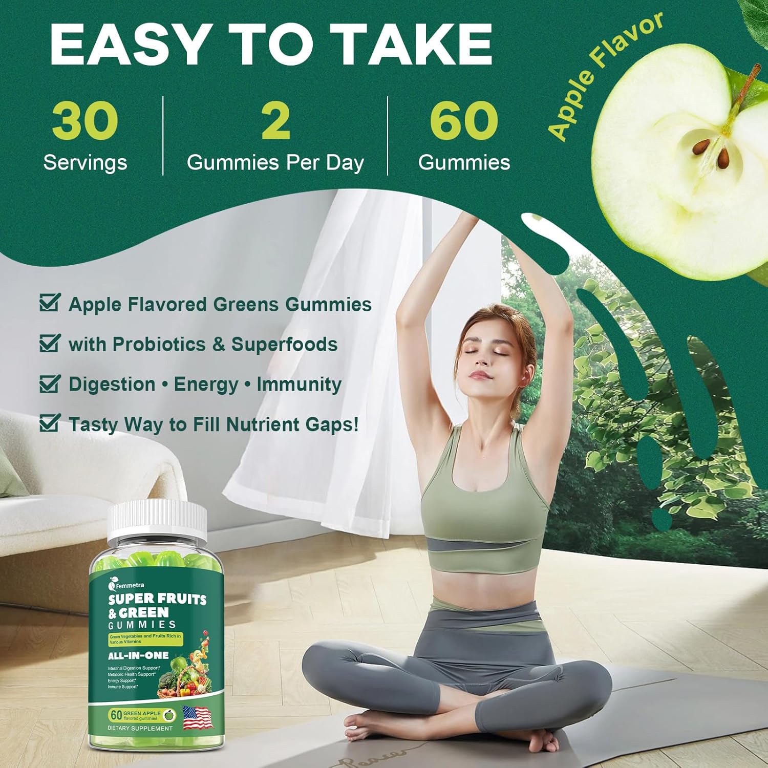 61-in-1 Supergreens Daily Gummies for Women and Men, Multivitamin Superfood Gummy with Probiotics for Metabolic, Energy, and Digestive Health, Sugar Free, Green Apple Flavor, 60 Count