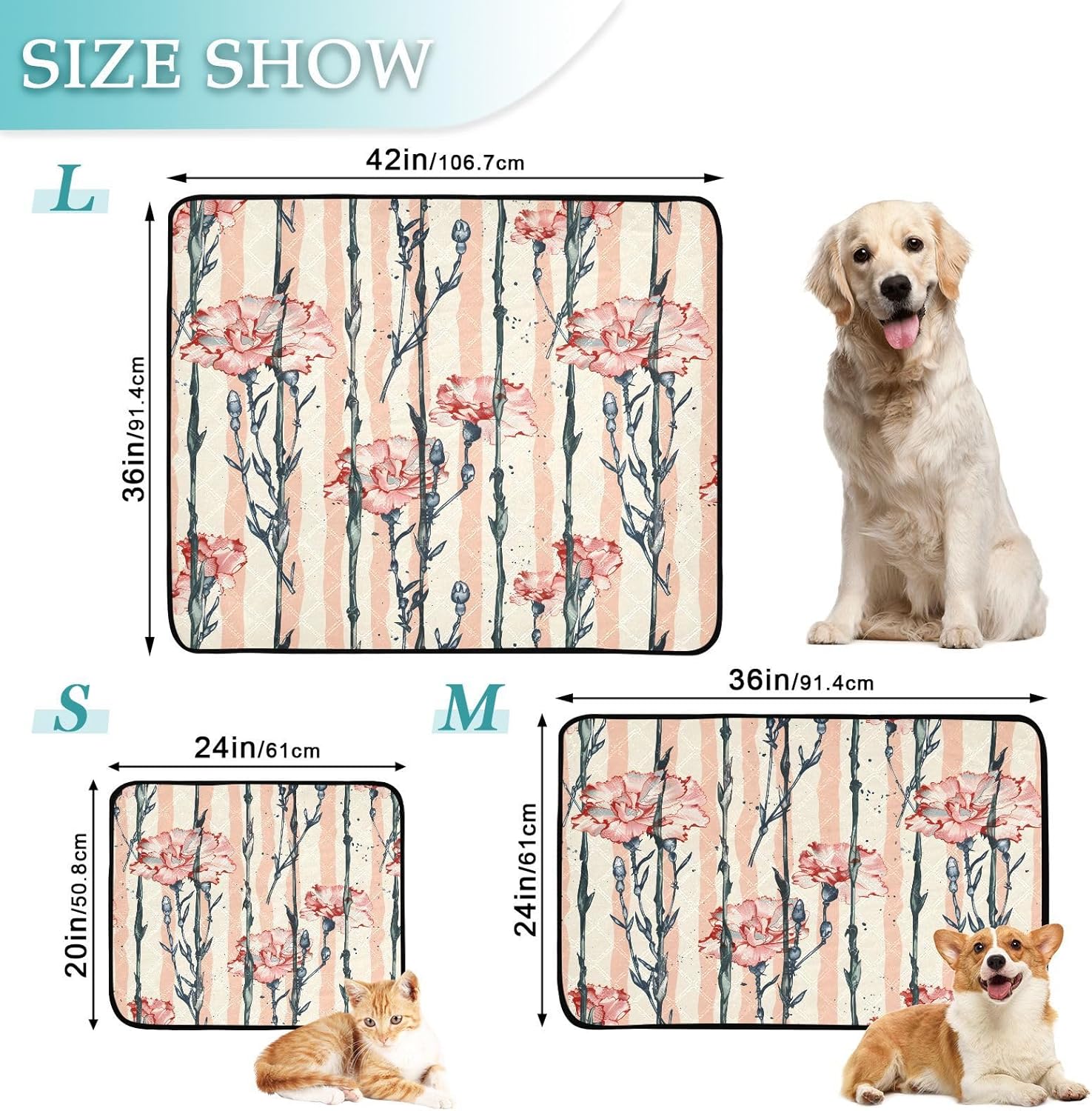 Carnation Flower Stripes Pet Mat Reusable Feeding Mats for Food and Water Non-Slip Pee Pads for Dogs Cats 2 Packs