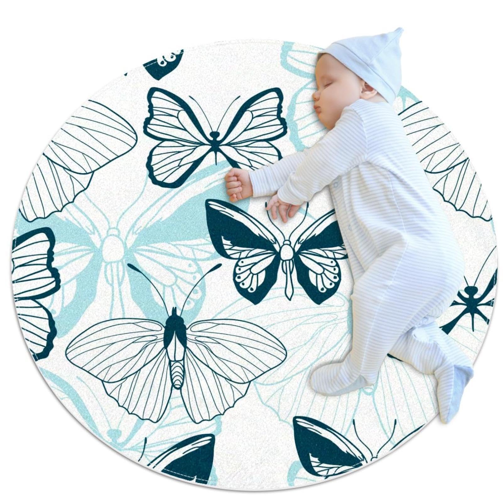 Tapis de salle de bain motif papillon bleu camomille rond canapé