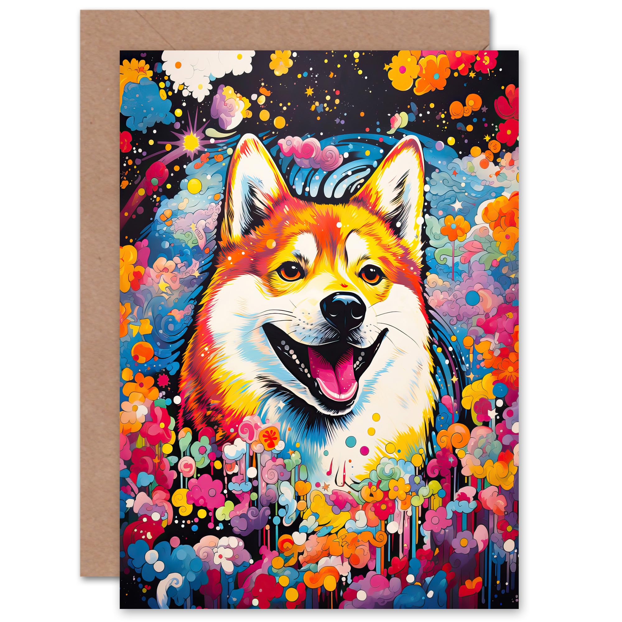 Artery8 Shiba Inu Dog Lover Gift Pet Portrait Colourful Artwork Painting Sealed Greeting Card Plus Envelope Blank inside