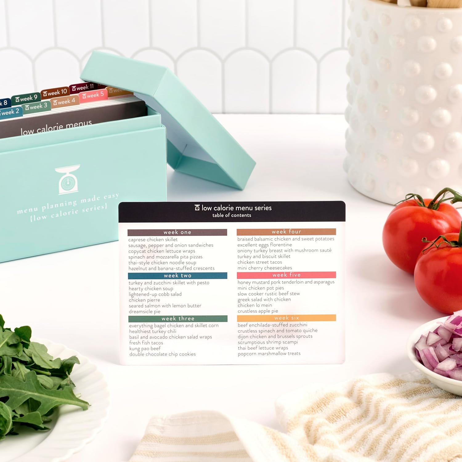 Meal Planner 72 Recipe Cards (Low Calorie Menu Pack - Photo Edition) - Weekly Menu Planner | Sturdy Recipe Box | 12 Reusable Grocery Lists | 5 Blank Recipe Cards | Recipe Card Protector | Recipe Ideas