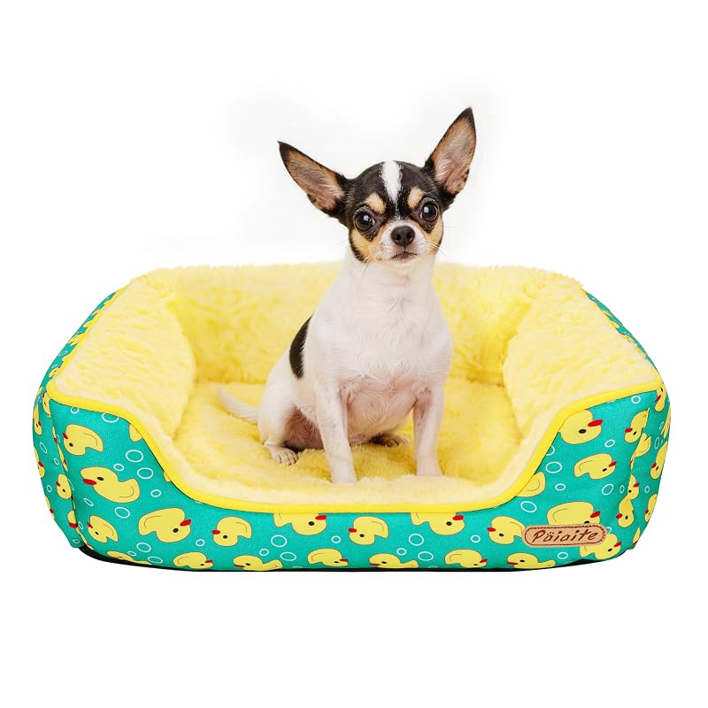 Cama retangular lavável para cães pequenos, macia e com base antiderrapante Paiaite – Yellow, Small (48 x 48 x 16 cm)