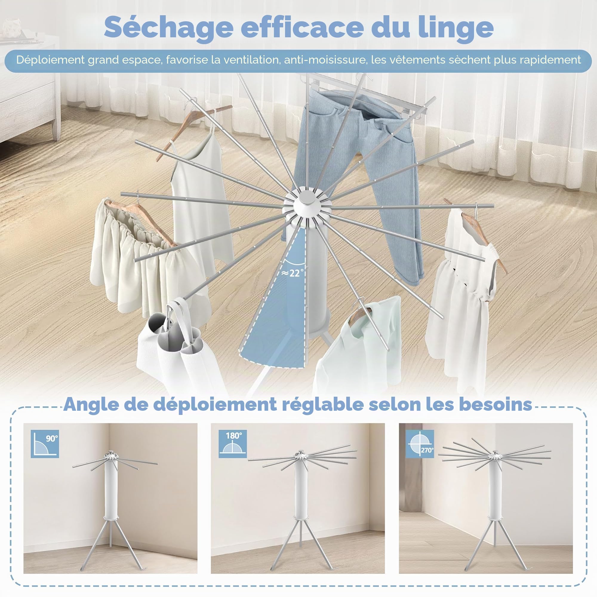 Froadp Séchoir à linge avec 16 barres de séchage en aluminium pliable - Portable - Octopus - Peu encombrant - Pour balcon, chambre à coucher, maison