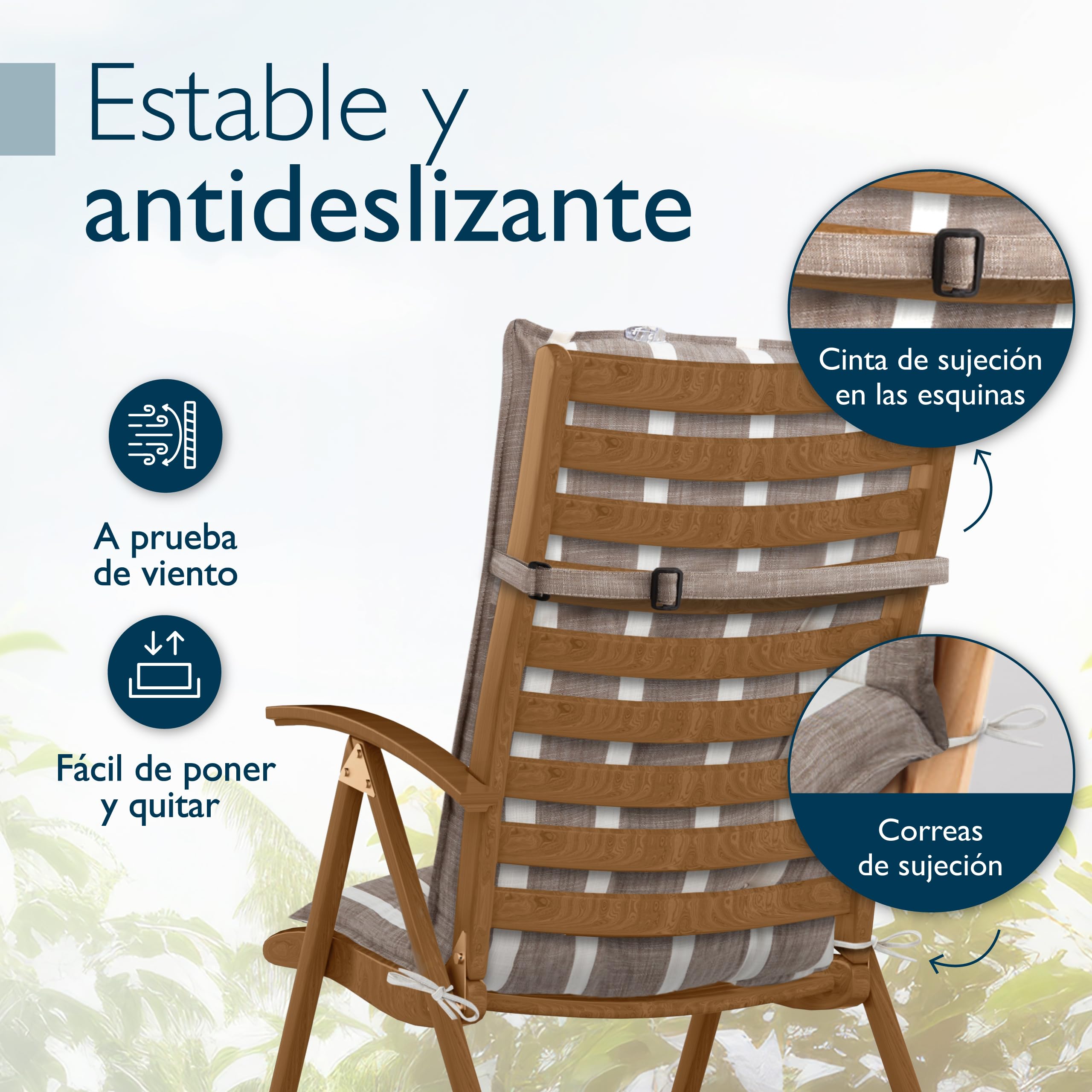 Beautissu Set 2 Premium Cojin Silla Jardín con Respaldo Alto y Almohadilla 120x50cm Sun-HL – Resistencia UV 8cm Grosor Acolchado Cojín Exterior con Respaldo Antideslizante – Rayas Beige Blanco