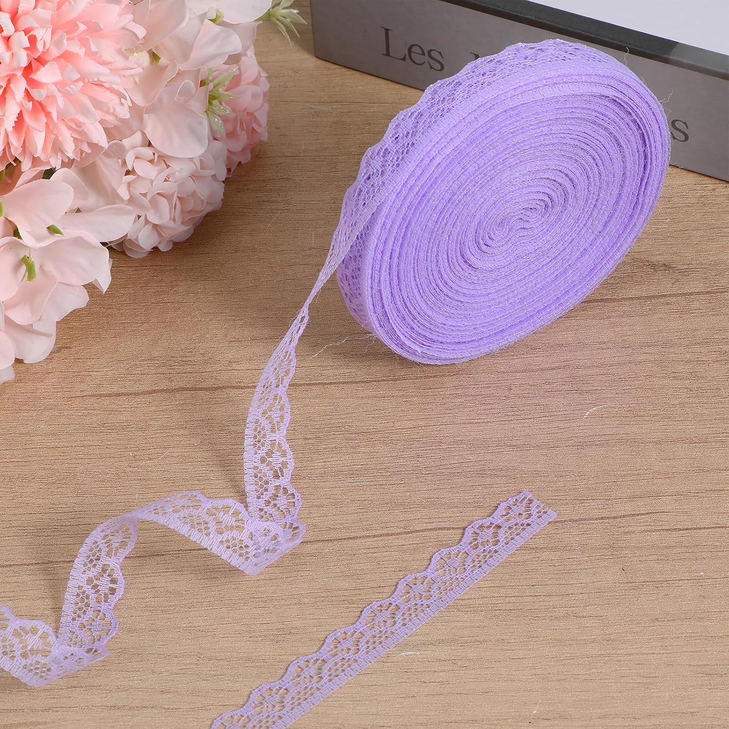 30 Yards Purple Lace Ribbon Roll 0.6 Inch Wide Flower Fabric Lace Trim Roll Sewing Crafts Trim Ribbon for Wedding Decoration, Bouquet, and Gift Packaging