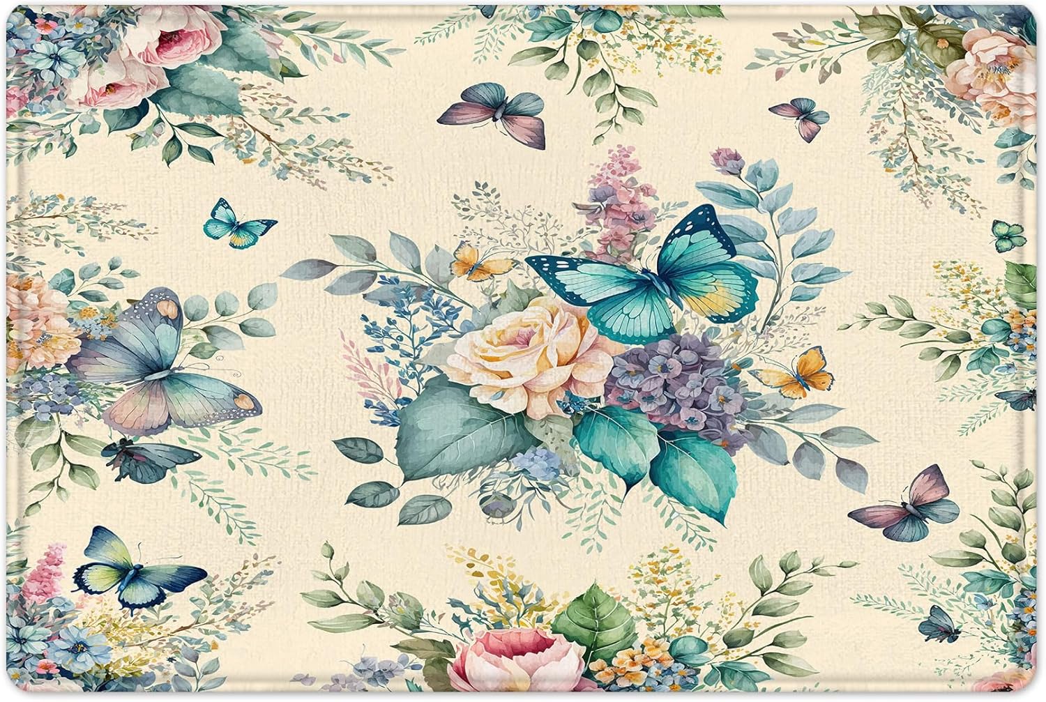 HVEST Colorful Floral Shower Curtain with Bathroom Rugs, Vintage Flower and Butterfly on Beige Shower Curtain and Bath Mat, Rustic Pink Wildflower Bathroom Curtains Shower Set, 70L X 70W inches