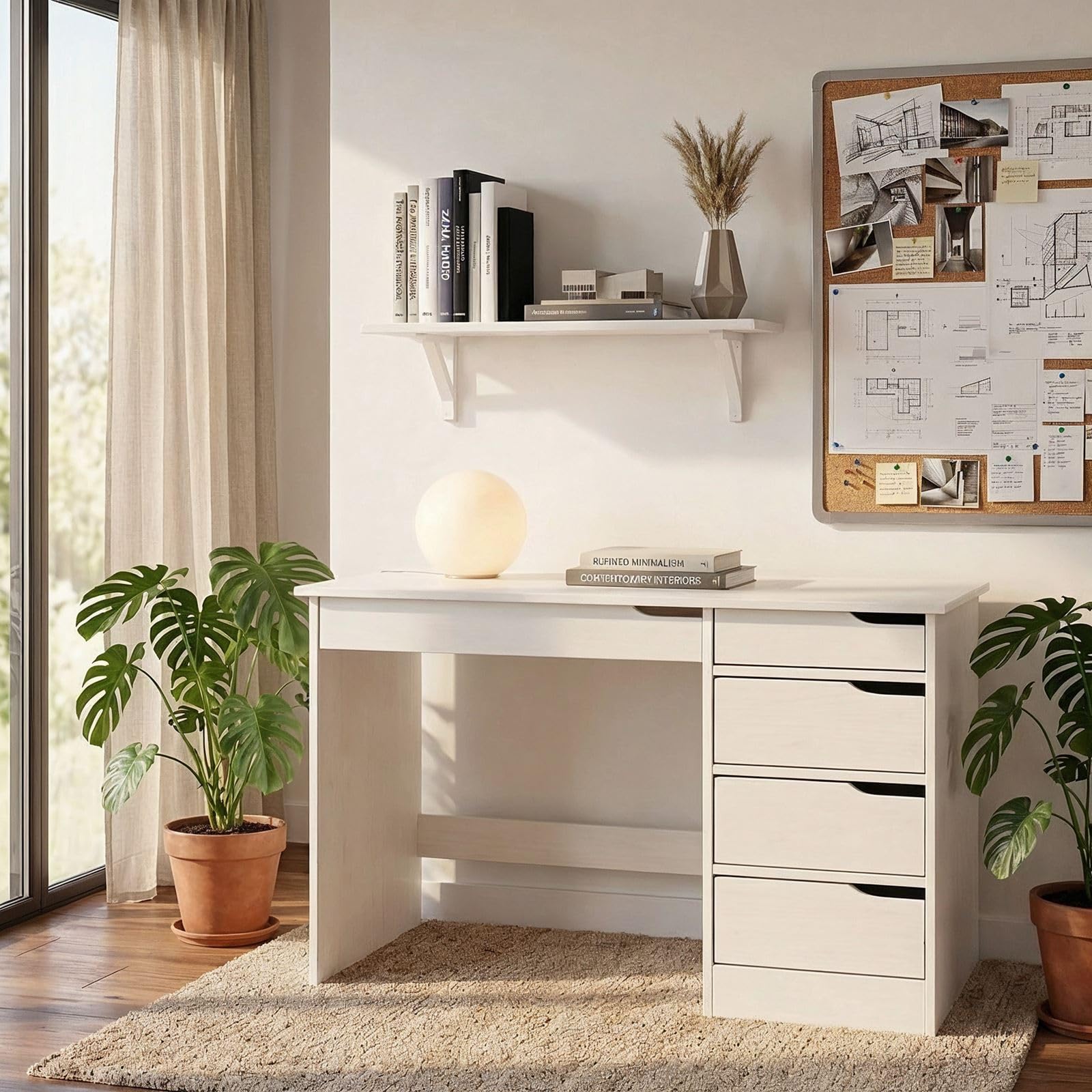 IDIMEX Bureau avec Rangement Hugo Grand Bureau avec 5 tiroirs, au Design scandinave et épuré, en pin Massif lasuré Blanc
