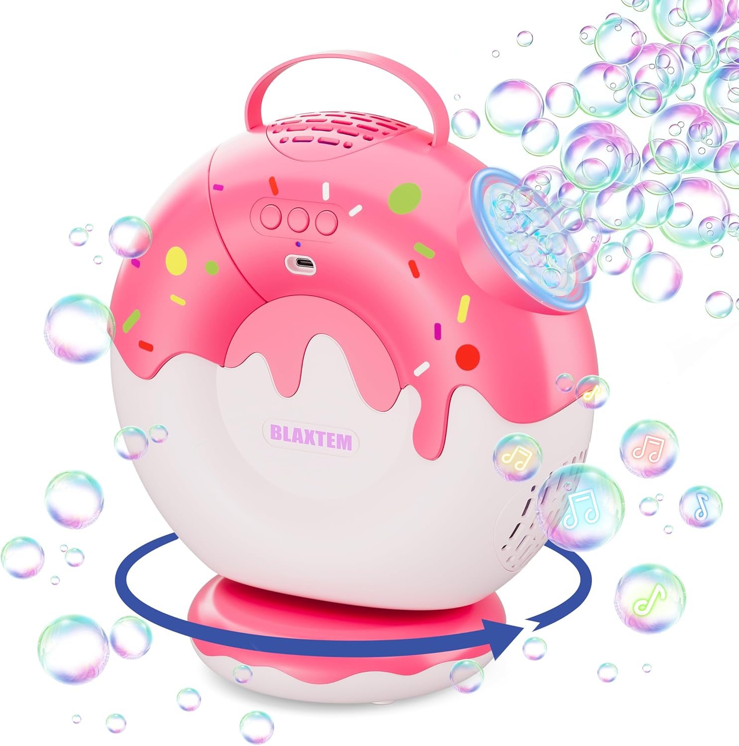 Donut-Shaped Rechargeable Electric Bubble Machine – 90° 360° Rotatable, Lights & Music Bubble Blower for Kids Toddlers Age 3 4 5+ Boys & Girls Birthday Party, Outdoor Play Toys (Pink)