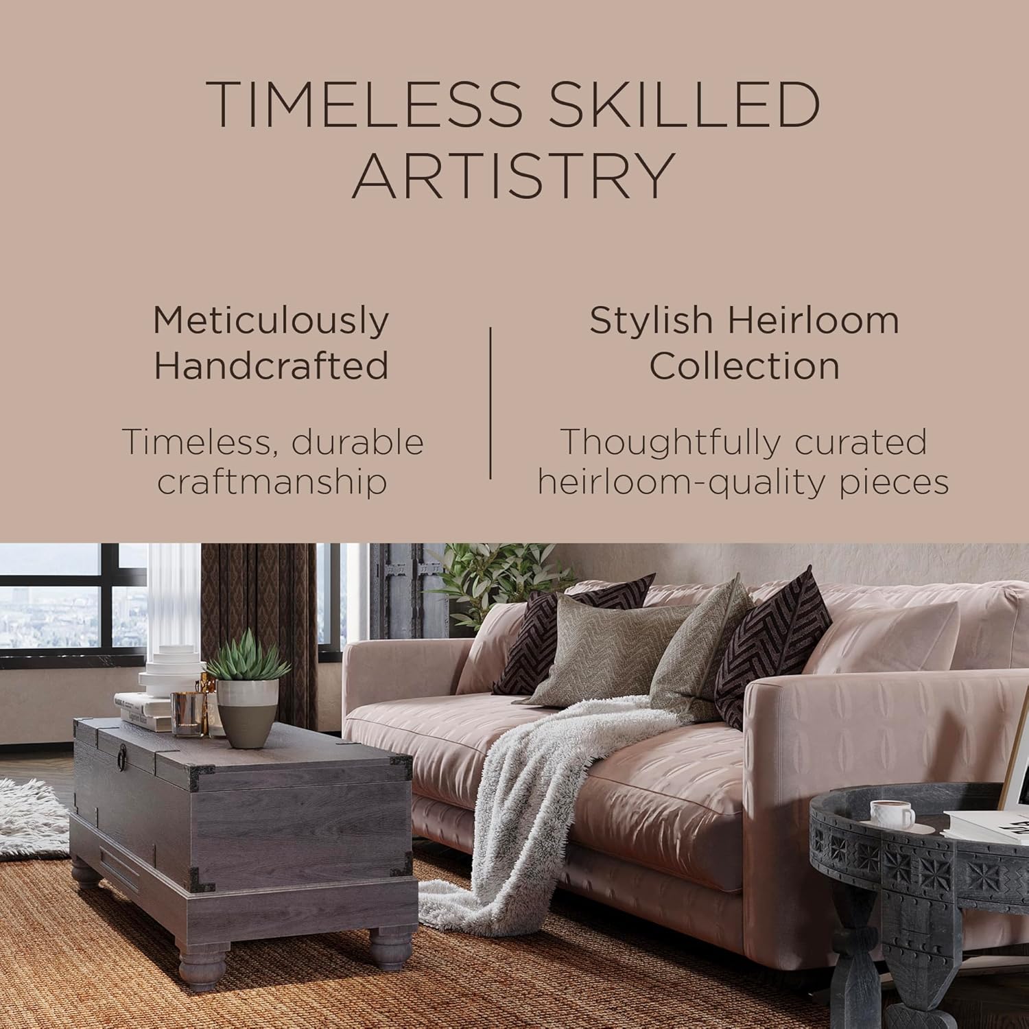 Maven Lane Nerio Handmade Heritage Large Wooden Storage Bench with Hinged Lid for Indoor Entryway or Coffee Table Trunk in Distressed Gray Finish