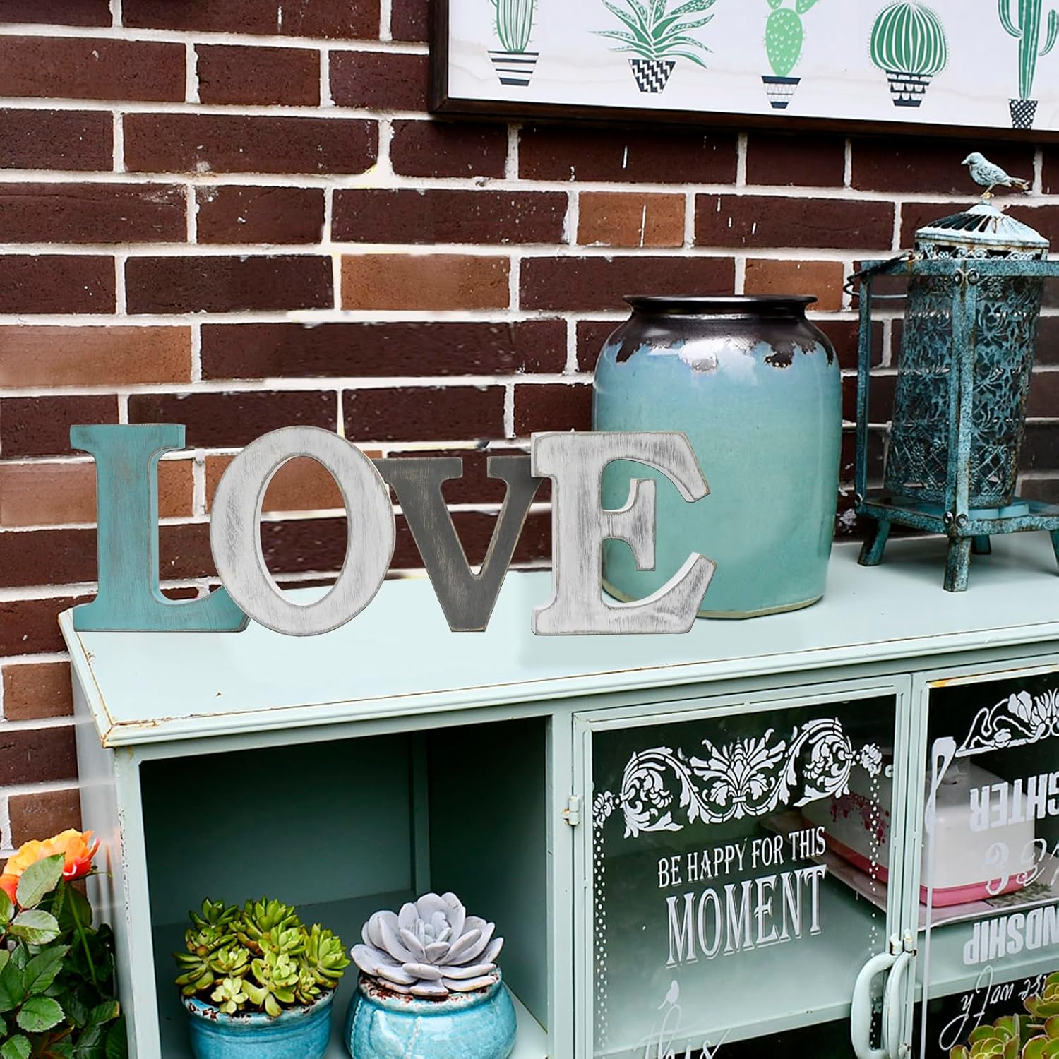 Rustic Wood Love Family Sign Decorative Cutout Word Sign Wall Decor, Multicolor Wooden Word Sign Freestanding Block Letters Wall Mounted Decorative Sign