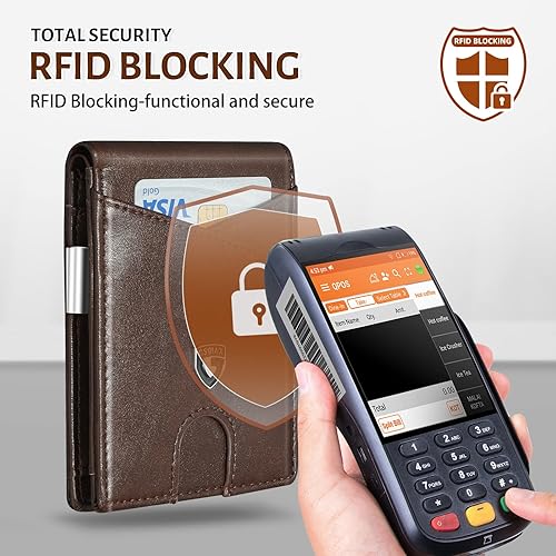 Miniatura 4 de GSOIAX Cartera delgada de cuero plegable RFID para hombre, billetera minimalista con bolsillo frontal con clip para dinero, 12 ranuras