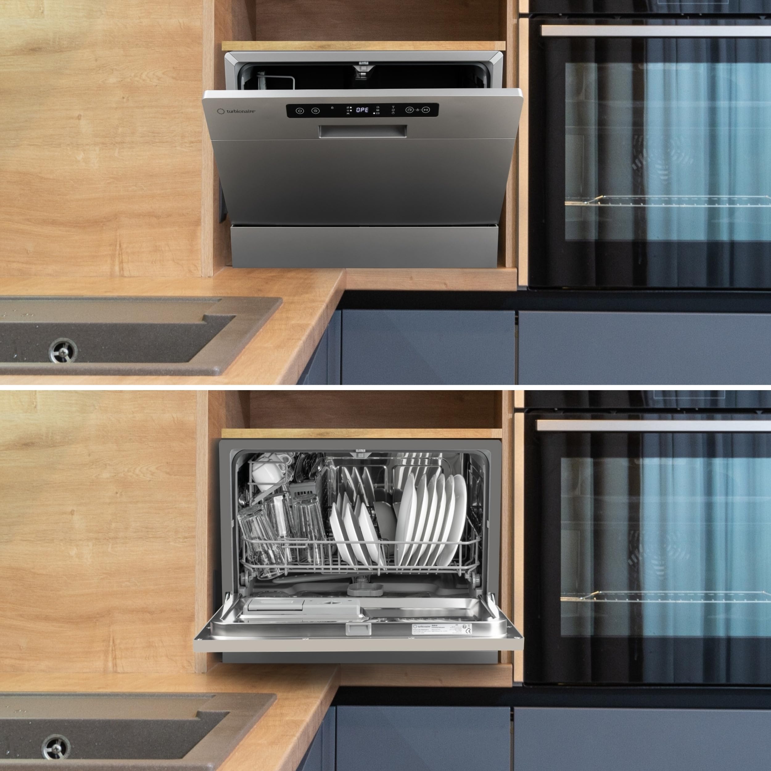 Lavavajillas compacto Turbionaire AVA 6 TPDSAVA6CTG, 6 servicios, 6 programas, modo Eco, descalcificador de agua, lavado 360°, función Restart, 55 cm, Gris