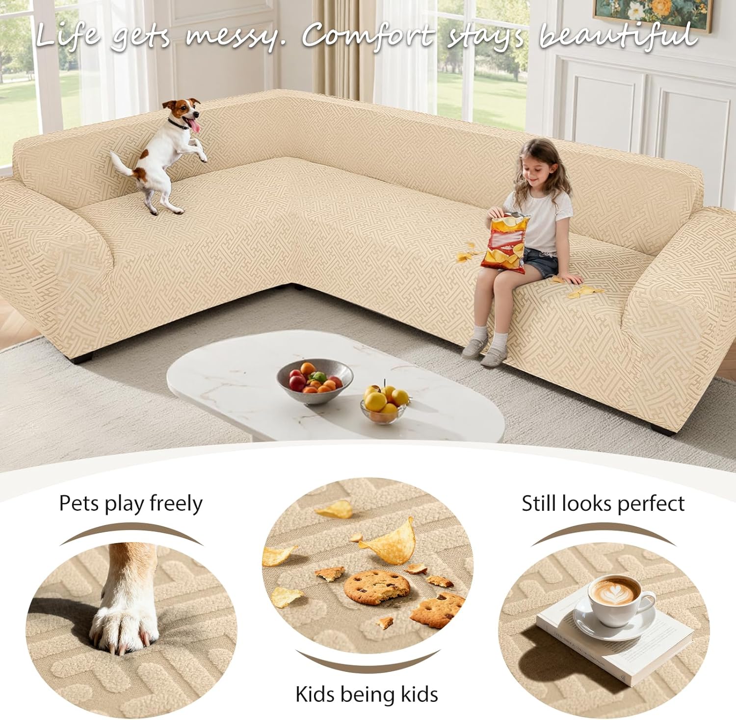 Sectional Couch Covers L Shape Sofa Cover 1-Piece Stretch Corner Couch Covers Non Slip Washable Sofa Slipcovers Soft Fleece Furniture Protector for Dogs Pet (Large, Beige)