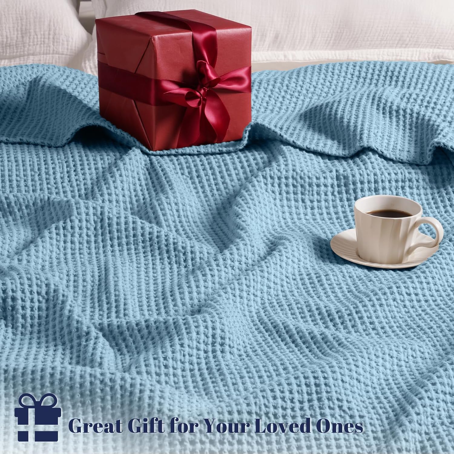 PHF Pre-Washed 100% Cotton Waffle Weave Blanket Queen Size for Bed,Snag Proof Throw Blanket for Couch Spring Summer Lightweight Breathable,Machine Washable, Home Decor Gift - Dusty Blue