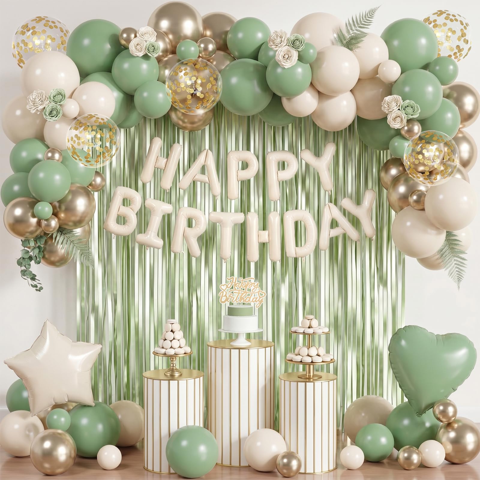 78PCS Sage Green Birthday Decorations Happy Birthday Decorations With Beige Gold