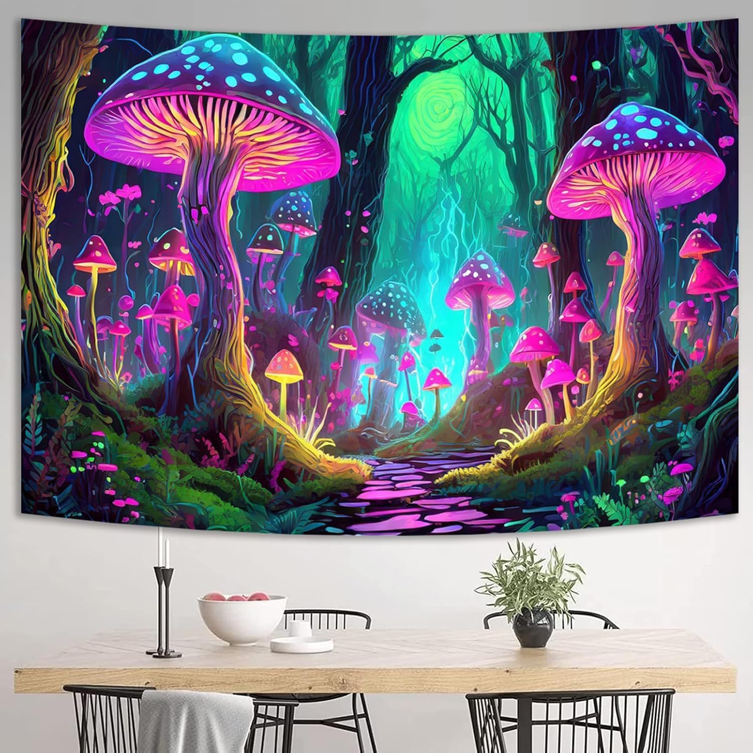 SparkLia Fantasy Mushroom Tapestry Blacklight Neon Glow Forest Tapestry Wall Hanging Magical Landscape Wall Art for Bedroom - 90 x 70 inches