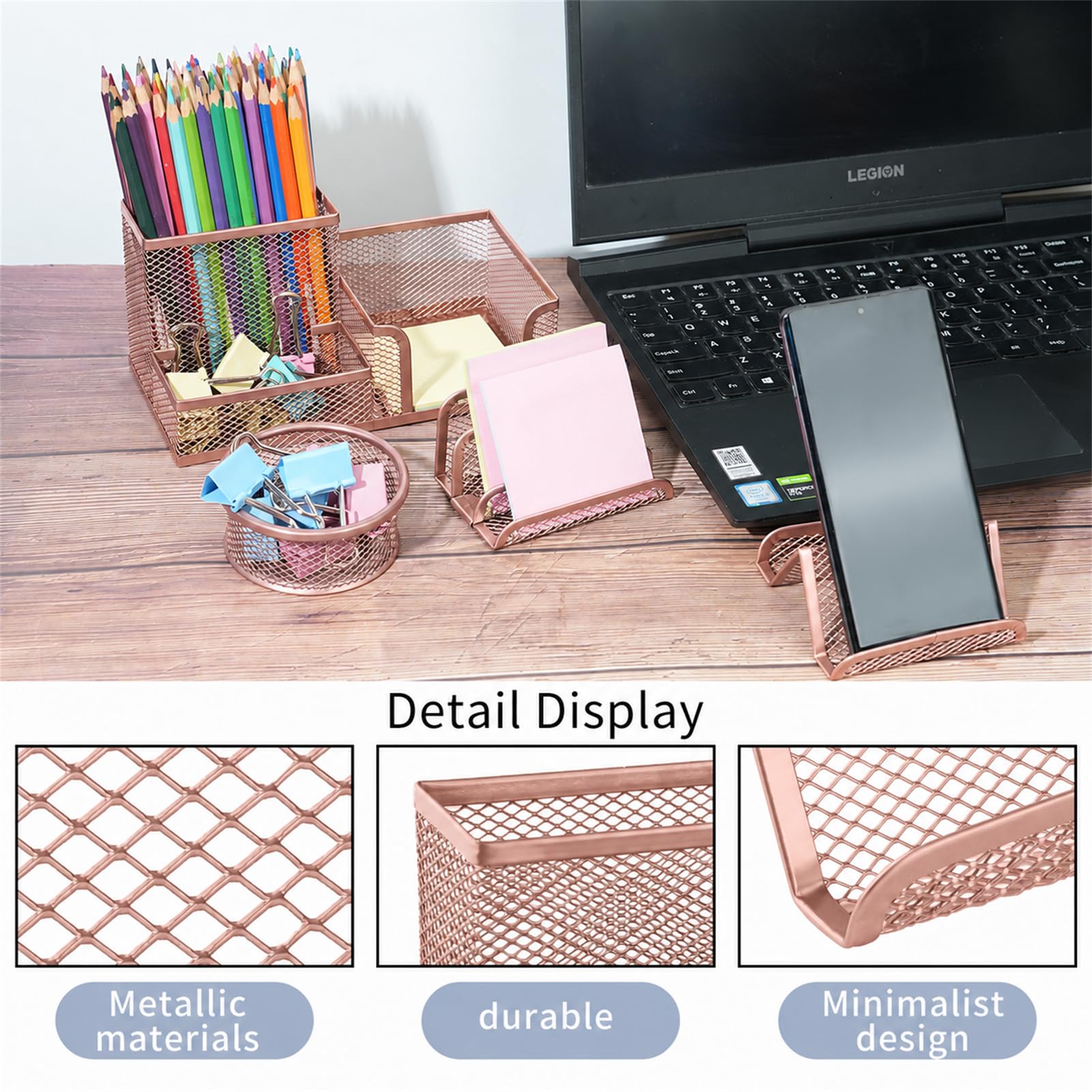 INNERINK Organizador de escritorio para oficina, 6 piezas de escritorio de malla multifuncional, accesorios de suministros de oficina (oro rosa)