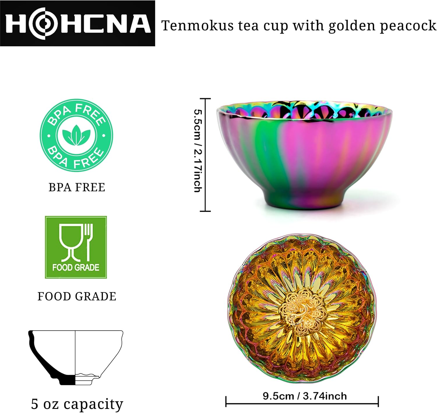 Jianzhan Tenmoku Tea Cup with Golden Peacock, 3D Chinese Kungfu Tea Cup Porcelain Master Teacup - 5 oz
