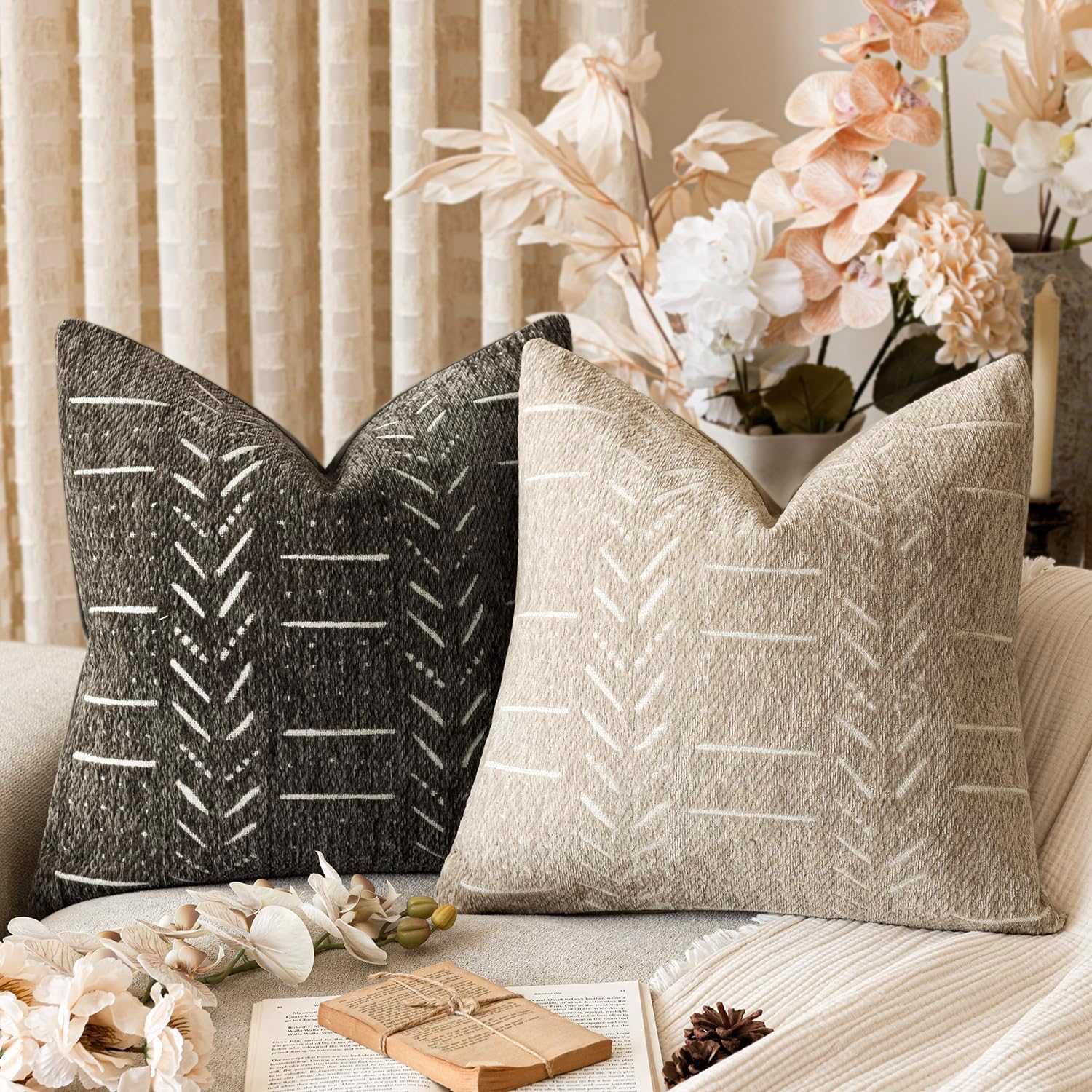 Home Décor Decorative Boho Accent Chenille Throw Pillow Covers Textured Neutral Cushion Covers Soft Farmhouse Pillowcase for Couch Sofa Chair Bed Living Room, 18×18 Inch, Set of 2, Beige