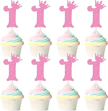 Ercadio 24 Pack Number 1 Cupcake Topper 1th Birthday Cupcake Toppers Glitter Pink Number 1 Cupcake Picks First Happy Birthday Decorations for Baby Shower Anniversary Party Cake Supplies
