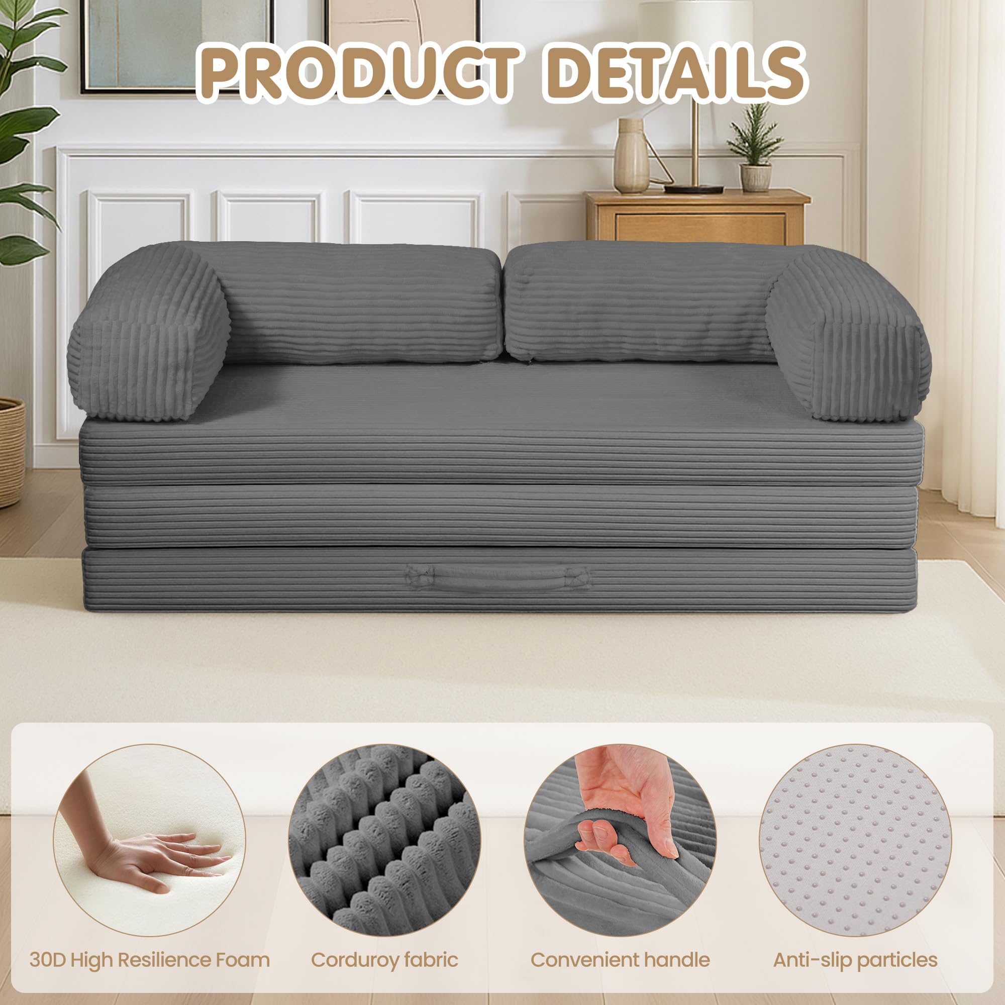 5-in-1 Convertible Sofa Bed,60" Boneless Couch Tri Folding Floor Mattress with Removable L-Shaped Armrests & Handle,Corduroy Futon Couch Sleeper with Pull Out Bed for Living Room Bedroom Apartment
