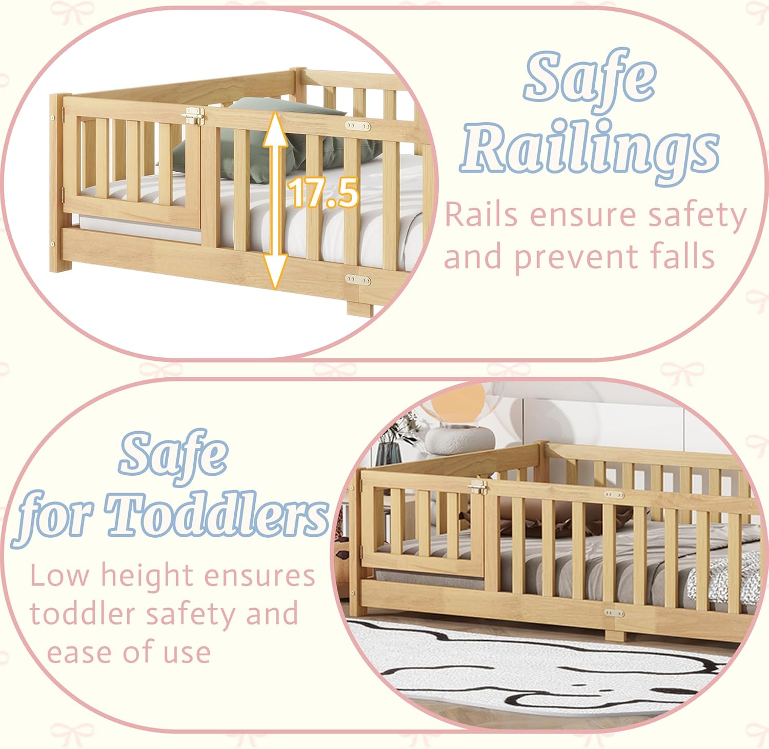 Twin Size Floor Bed for Kids, Wood Montessori Floor Beds with Fence Railings, Door & Slats Support, Twin Playhouse Bed Frame for Boys Girls, No Box Spring Needed, Natural